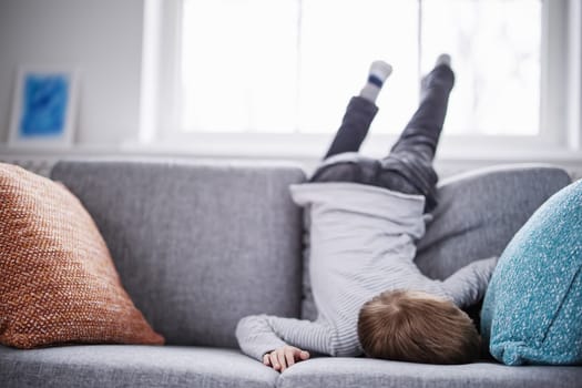 Cute child lying face down on the sofa. Tired boy after leisure activity and cheerful games.