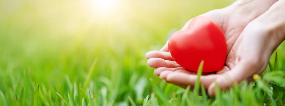 Woman hands holding red heart shape on the green grass background. Conceptual symbol of love of nature and people relationship.