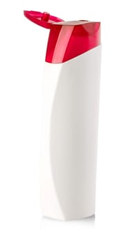 The close up white opened  blank plastic bottle on isolated background