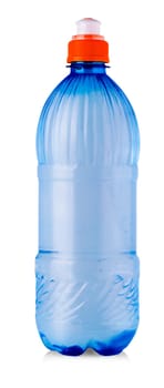 The close up Plastic blue bottle isolated on white background