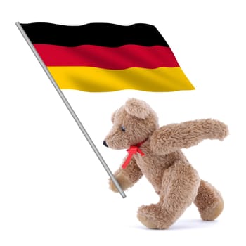 A Germany flag being carried by a cute teddy bear.