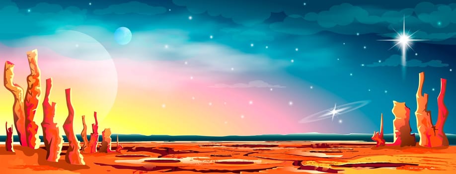 The surface of an alien planet. Shining stars and clouds. Stellar nebula. A distant galaxy. Night starry sky. Space background.