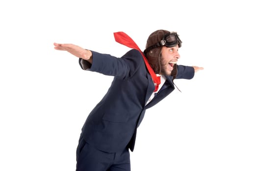 Businessman with pilot goggles isolated in a white background