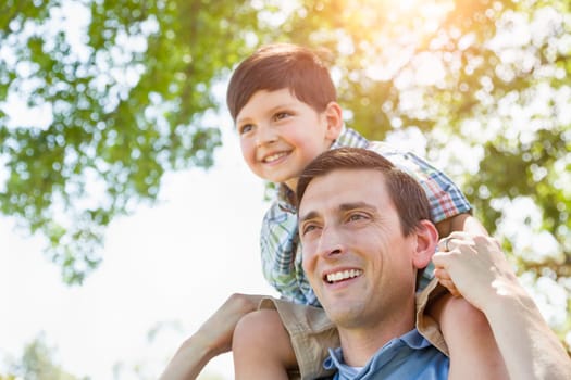 Mixed Race Father and Son Playing Piggyback Together in the Park.