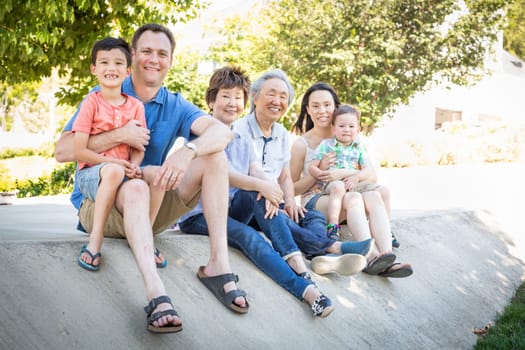Chinese Grandparents, Mother, Caucasian Father and Mixed Race Children Portrait.