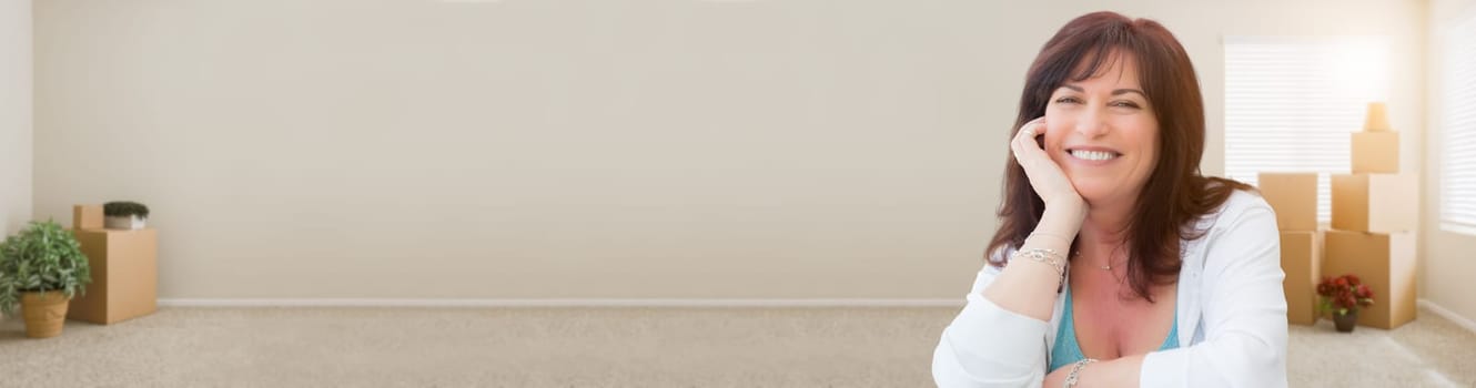 Banner of Middle Aged Woman Relaxing Inside Empty Room With Moving Boxes.