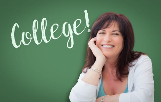 College Written On Green Chalkboard Behind Smiling Middle Aged Woman.