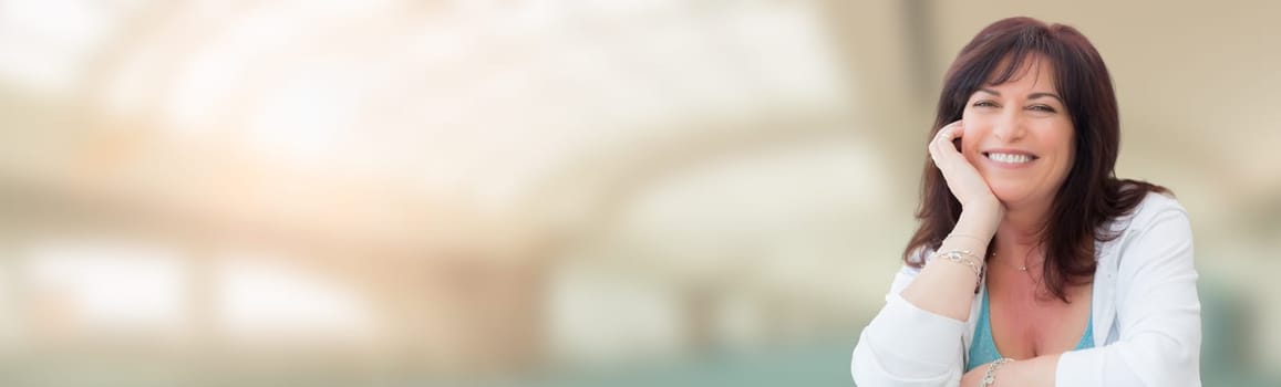 Banner of Middle Aged Woman With Abstract Building Background.