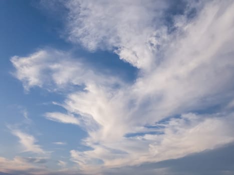 Panoramic cloudscape scene over the blue sky. Fluffy white clouds aerial composition. Misty overcast cumulus shapes, abstract nebula textures. Air fresheners, celestial beauty