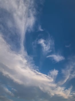 Panoramic cloudscape scene over the blue sky. Fluffy white clouds aerial composition. Misty overcast cumulus shapes, abstract nebula textures. Air fresheners, celestial beauty, vertical background