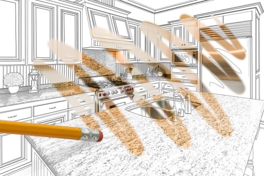 Pencil Erasing Drawing To Reveal Finished Custom Kitchen Design Photograph