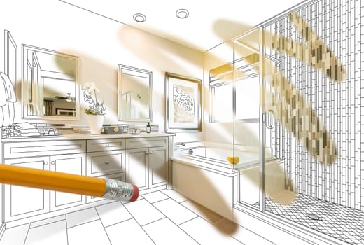 Pencil Erasing Drawing To Reveal Finished Custom Bathroom Design Photograph