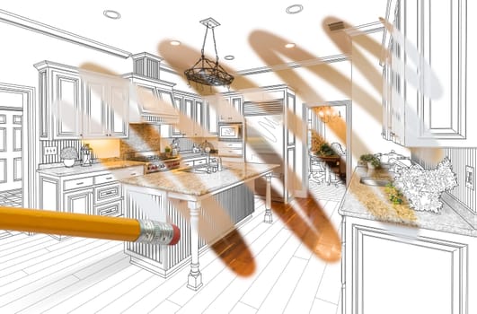 Pencil Erasing Drawing To Reveal Finished Custom Kitchen Design Photograph