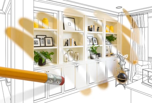 Pencil Erasing Drawing To Reveal Finished Custom Built-in Shelf Design Photograph