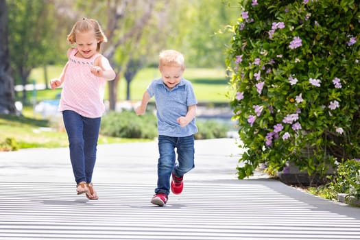 Young Sister and Brother Having Fun Running At The Park.