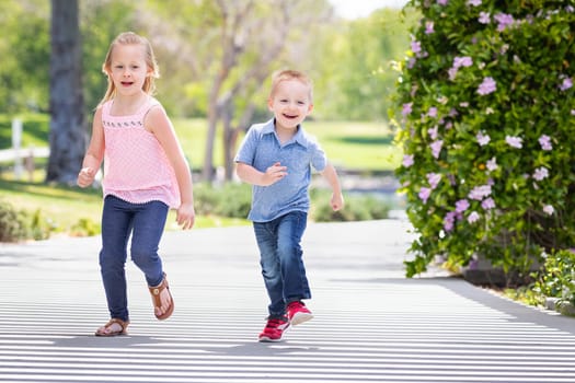 Young Sister and Brother Having Fun Running At The Park.