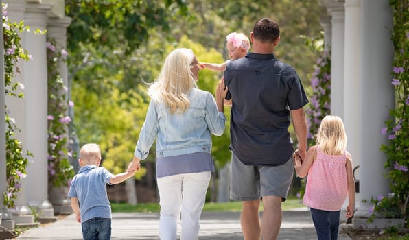 Young Caucasian Family Taking A Walk In The Park.