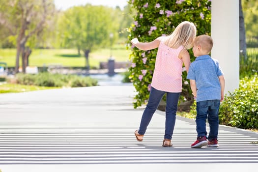 Young Sister and Brother Holding Hands And Walking At The Park.
