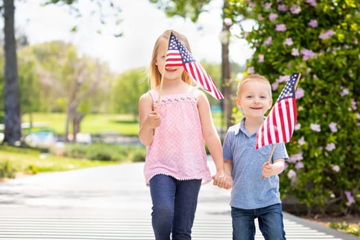 Young Sister and Brother Waving American Flags At The Park.
