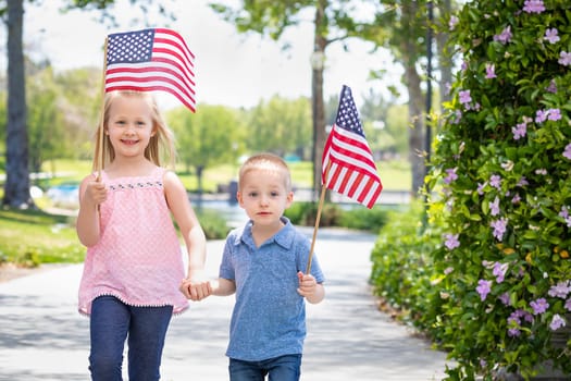 Young Sister and Brother Waving American Flags At The Park.