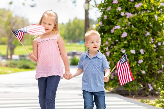 Young Sister and Brother Waving American Flags At The Park.