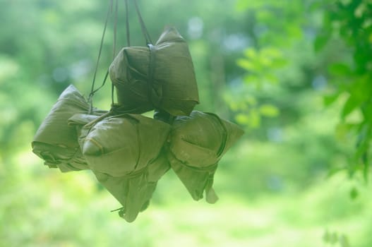 Chinese tradition food - Chinese Steamed Rice Dumpling  with bokeh background outdoor.Zongzi or traditional chinese sticky rice dumpling usually taken during festival occasion.