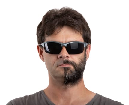 split personality - portrait of ordinary forty - 40 years old bearded man with half shaved and unshaven face with sunglasses isolated on white
