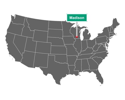 Madison city limit sign and map of USA