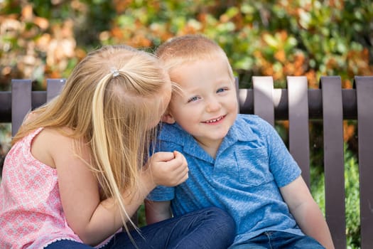 Young Sister and Brother Whispering Secrets On The Bench At The Park.