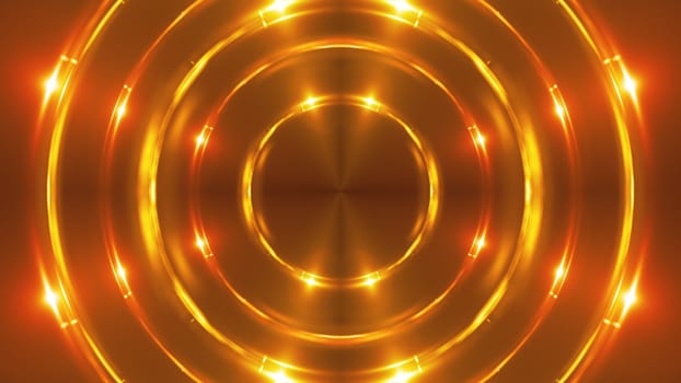3d render of gold fractal lights with shining effects. Computer generated abstract background of flickering rings.