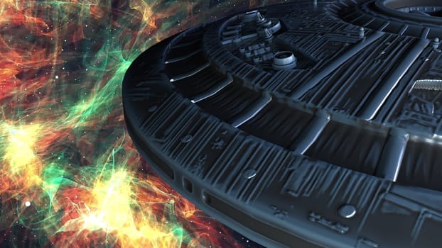 Fantastic combat dreadnought approaching planet. Planetary 3d render destroyer preparing for siege and invasion star system. Round ship scout for exploration depths unknown space.
