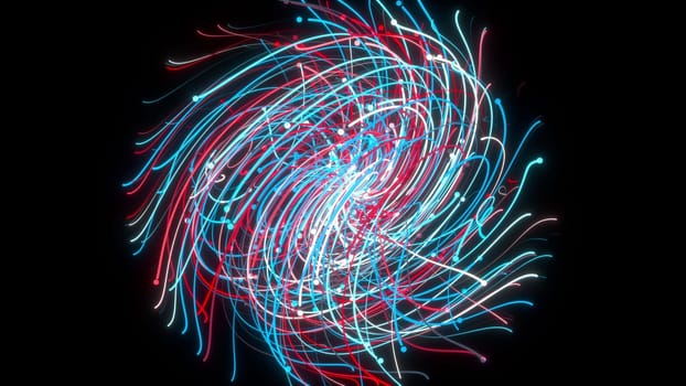 Chaotic spinning 3d render stripes in spatial spiral. Disordered threads whirling outer space. Abstract bright textures of complicated dance energy distortions. Tangle creative swirl ornament.