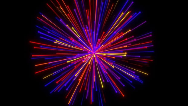 Bright geometric 3d render stripes flying to sides. Digital sunburst festival abstract inflorescence. Ornament outburst of exploded space star with radial streams light.