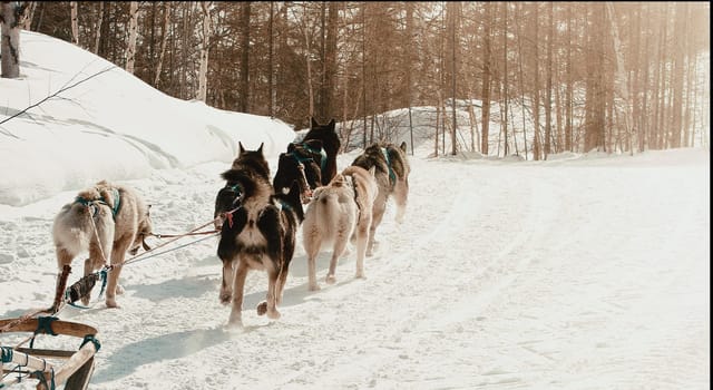 musher hiding behind sleigh at sled dog race on snow in winter