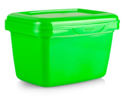 The close up green plastic box with spicy Korean sauce isolated on white