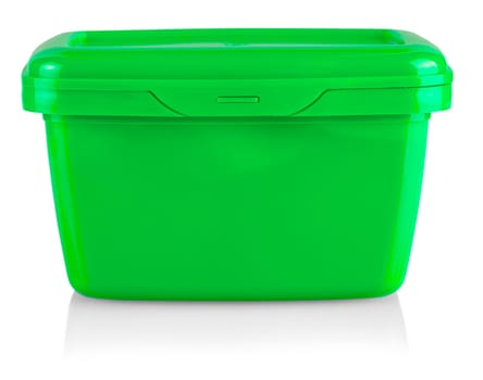 The close up green plastic box with spicy Korean sauce isolated on white