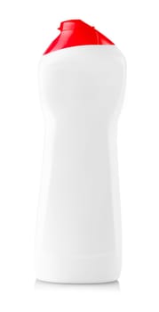 The white plastic bottles of cleaning products isolated on white background