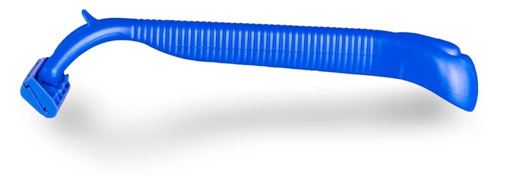 The close up blue plastic disposable shaver isolated on white