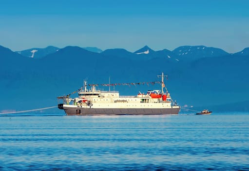 The rescue ship in the Avacha Bay of the Pacific ocean. Selective focus