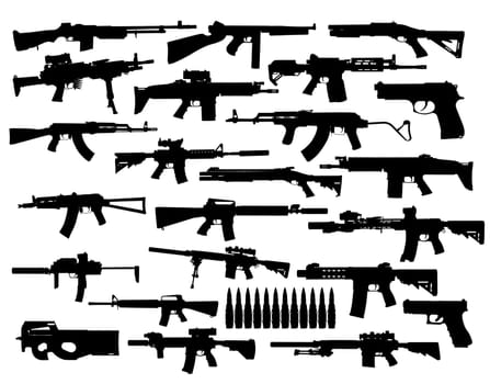 Vector collection set of silhouettes of modern guns. Assault and sniper rifles, pistols, shotguns, symbol illustration isolated on white background. Army and police weapons.