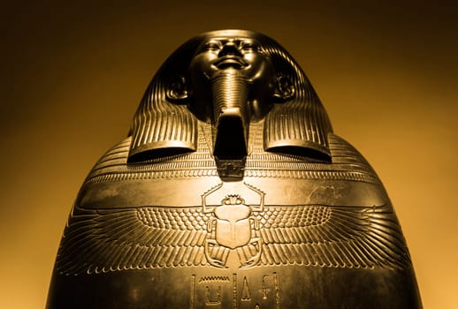 TURIN, ITALY - CIRCA MAY 2021: Egyptian sarchopagus with carved surface and hieroglyphic, 525 B.C.