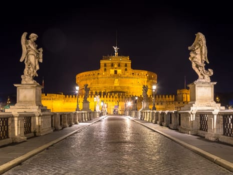 Nobody during night on the bridge in front of Sant'Angelo Castle in Rome