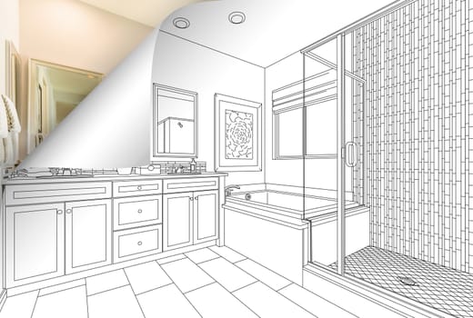 Master Bathroom Drawing Page Corner Flipping with Photo Behind.
