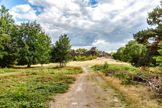 Local recreation area in Hesse Germany called Eschbacher cliffs, also historic stone Monument.