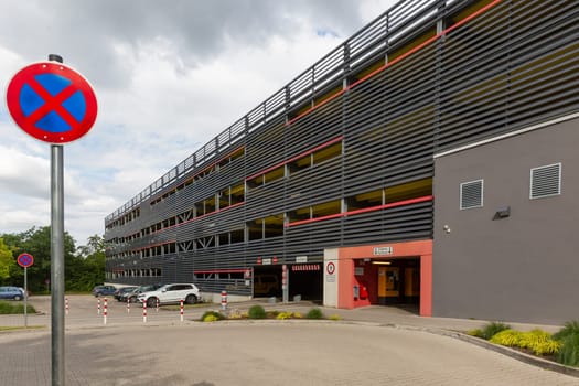 Facade of a modern Parking Area with no stopping sign