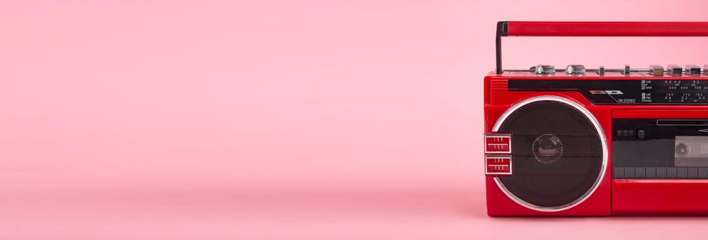 Panorama from ted vintage Tape player isolated on pinkbackground