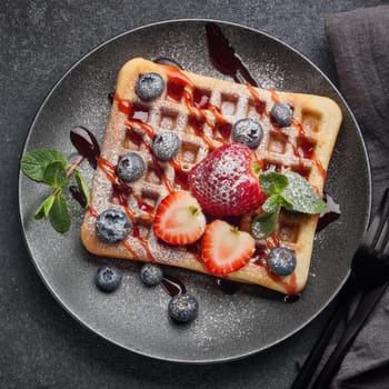 Delicious waffles with berries, mint, powdered sugar and sweet sauce on ceramic black plate on grey background. Top view. Sweet meal. Dessert. Serving food