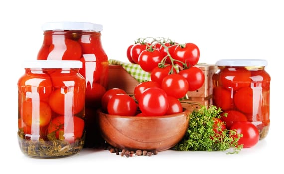 Tasty canned and fresh tomatoes, isolated on white