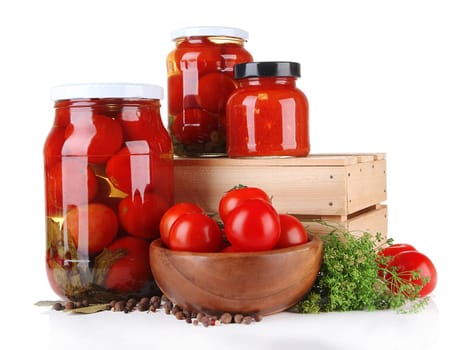 Tasty canned and fresh tomatoes, isolated on white
