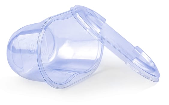 The close up blue plastic transparent jar with a lid isolated on white